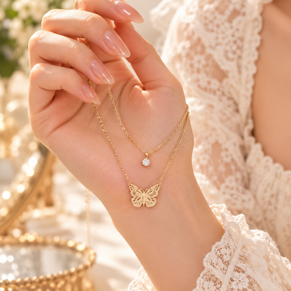 Gold Butterfly Layered Necklace Set