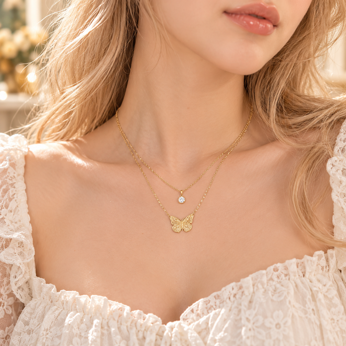 Gold Butterfly Layered Necklace Set