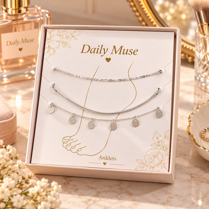 3 Piece Layered Silver Ankle Bracelet Set