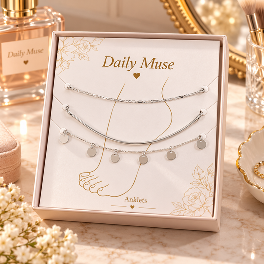 3 Piece Layered Silver Ankle Bracelet Set