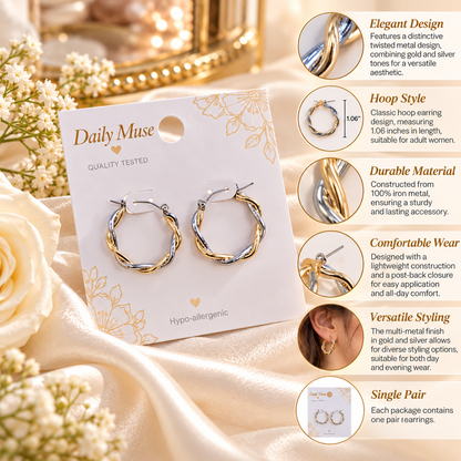 Twisted Gold & Silver Hoop Earrings