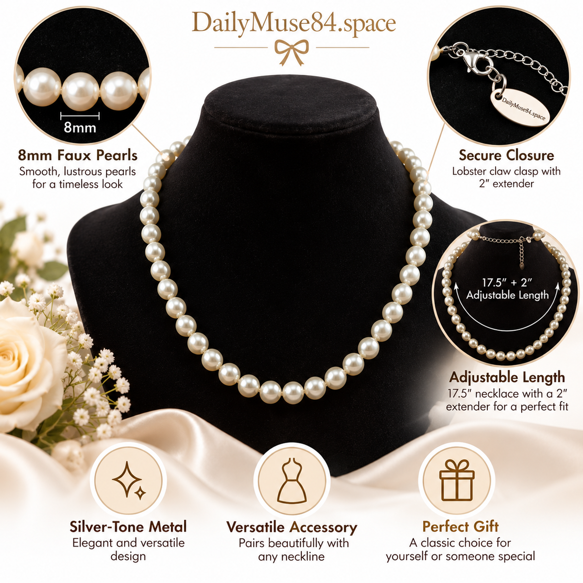 Faux Pearl Necklace with Silver-Tone Clasp