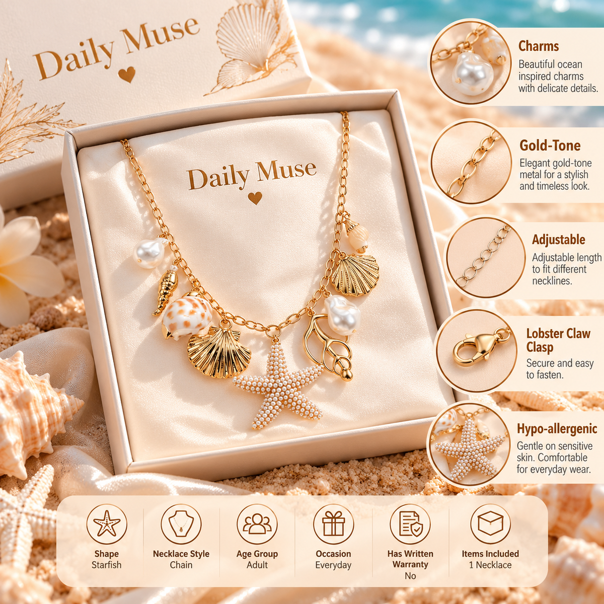 Gold Tone Starfish Charm Necklace