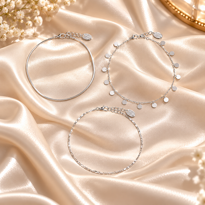 3 Piece Layered Silver Ankle Bracelet Set