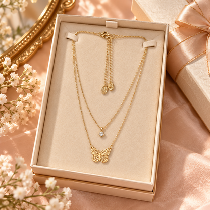 Gold Butterfly Layered Necklace Set