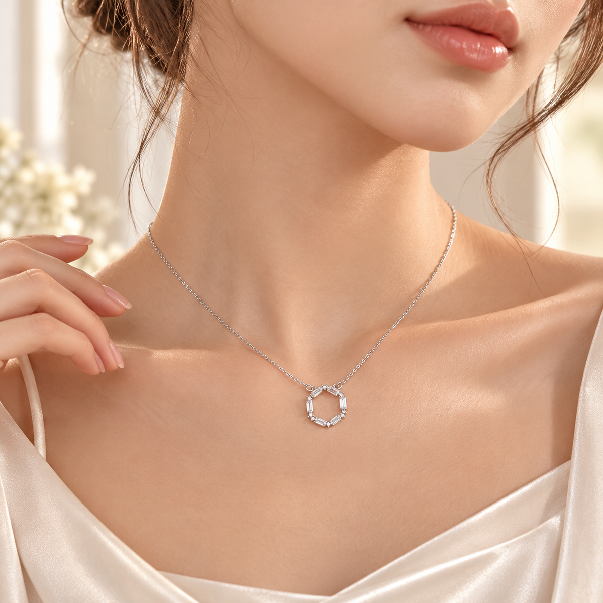 Silver Tone Baguette Crystal Pendant Necklace